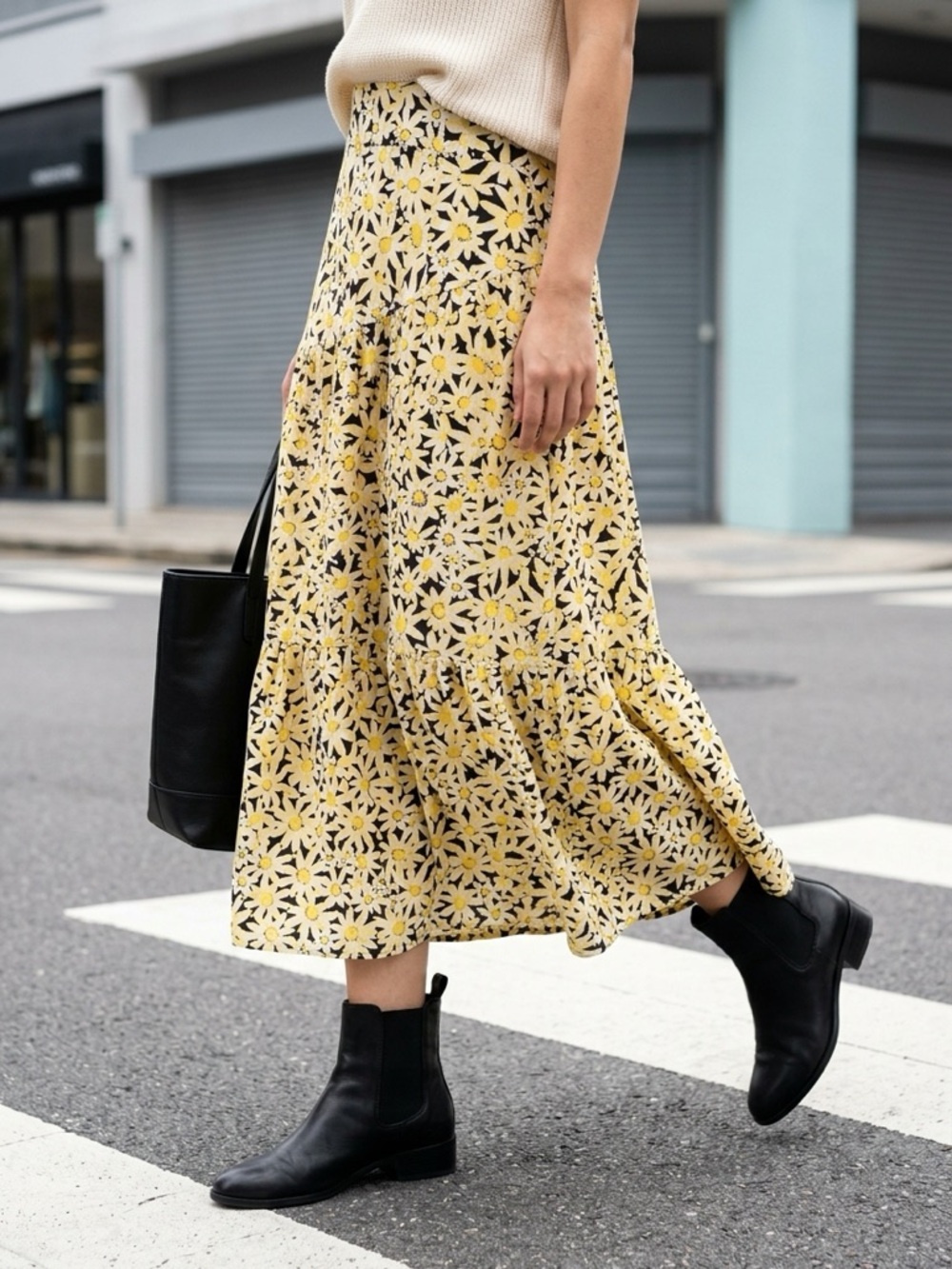 Topshop Black & Yellow Daisy Asymmetrical Tiered Midi  Skirt